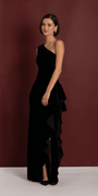 Velvet One Shoulder Column Dress with Side Ruffle - Camille La Vie
