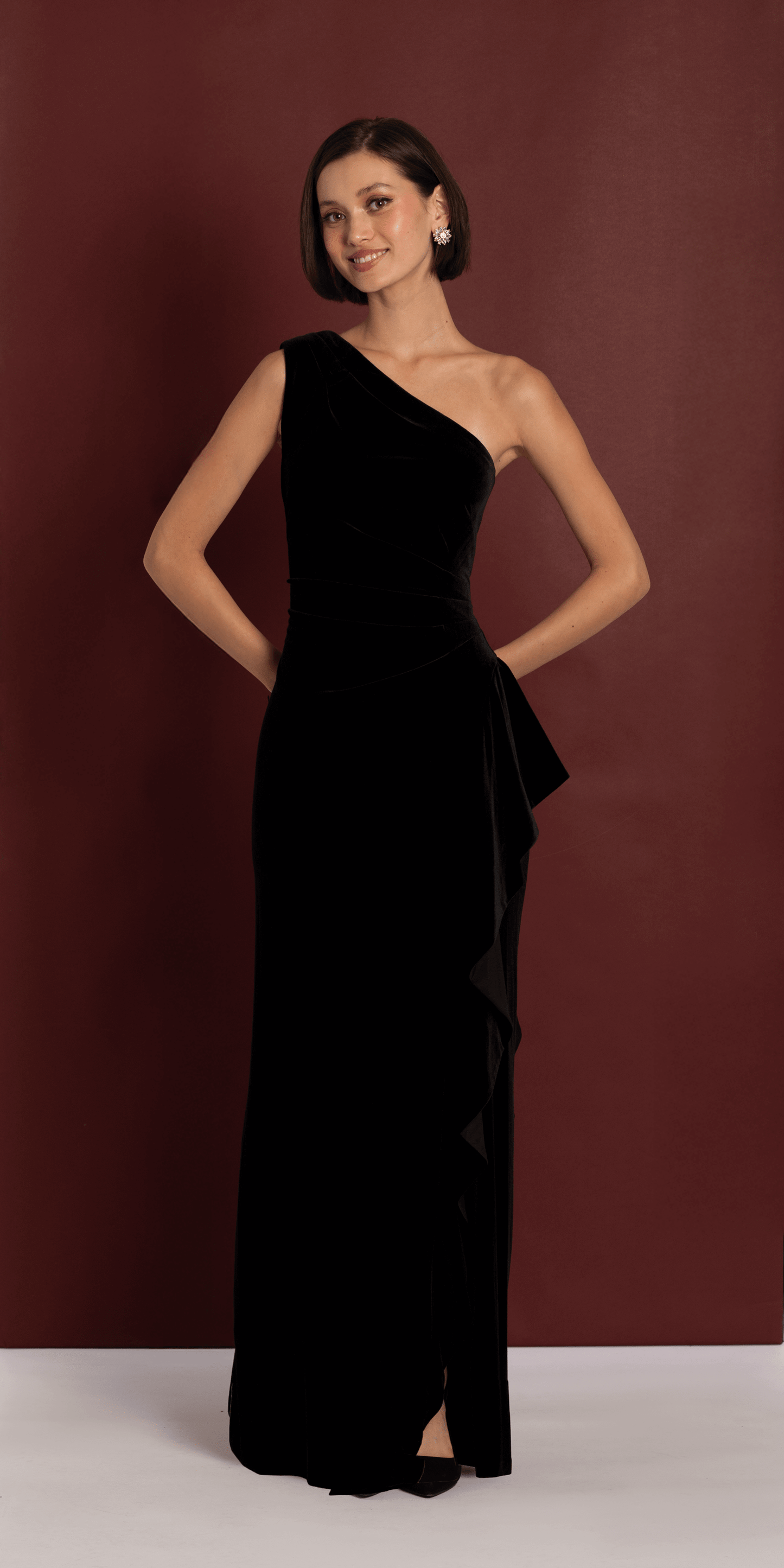 Velvet One Shoulder Column Dress with Side Ruffle - Camille La Vie