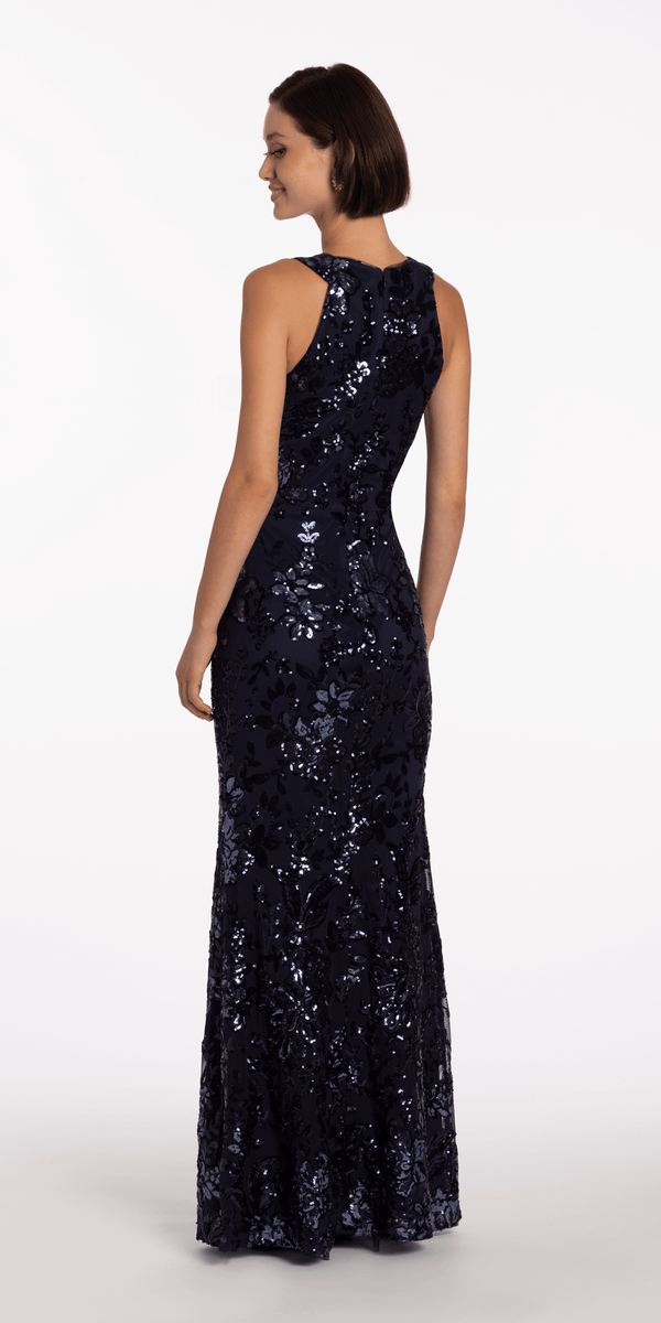 Sequin Racer Floral Sequin Halter Column Dress - Camille La Vie