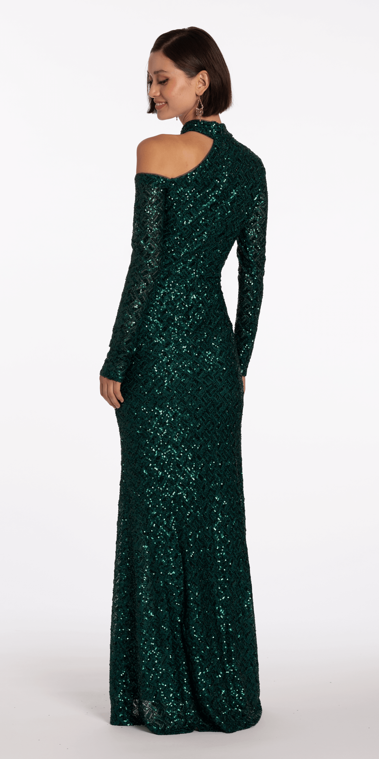 Sequin Long Sleeve One Cold Shoulder Column Dress - Camille La Vie