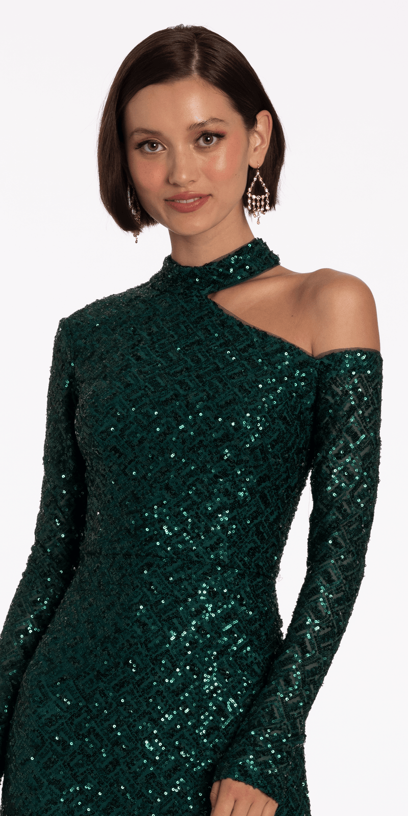 Sequin Long Sleeve One Cold Shoulder Column Dress - Camille La Vie