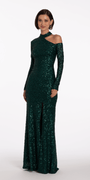 Sequin Long Sleeve One Cold Shoulder Column Dress - Camille La Vie