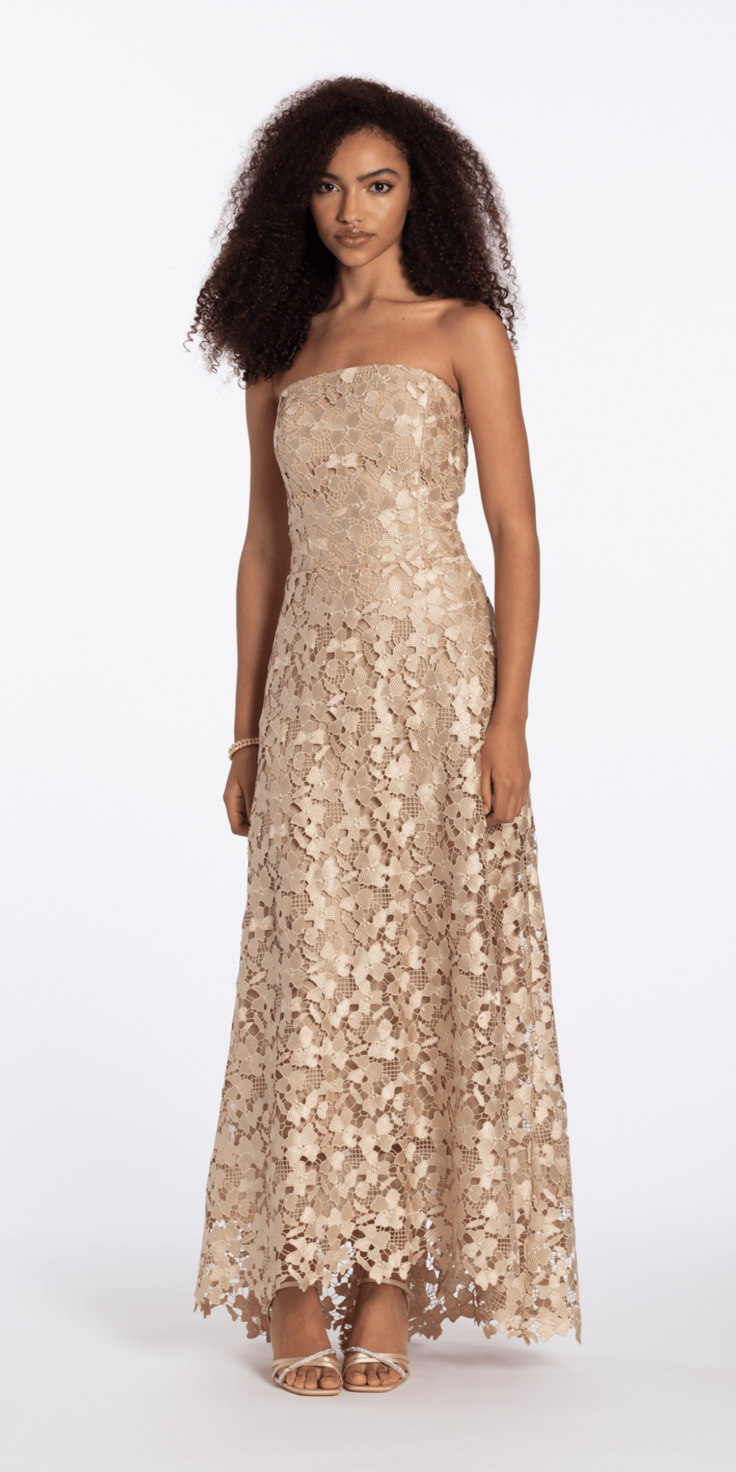 Camille La Vie Strapless Open Lace A Line Dress with Train missy / 4 / gold