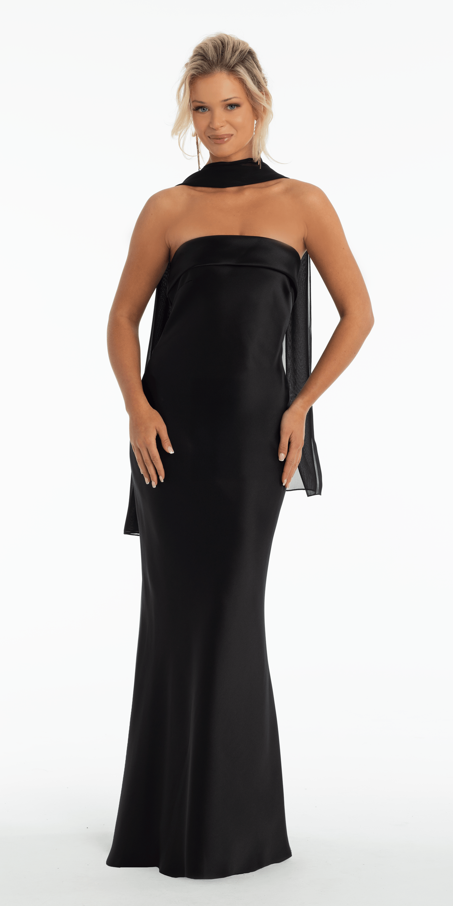 Strapless Satin Cuff Column Dress with Chiffon Shawl - Camille La Vie