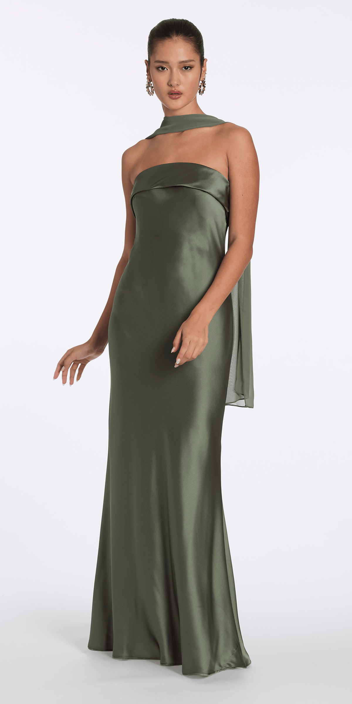 Camille La Vie Strapless Satin Cuff Column Dress with Chiffon Shawl