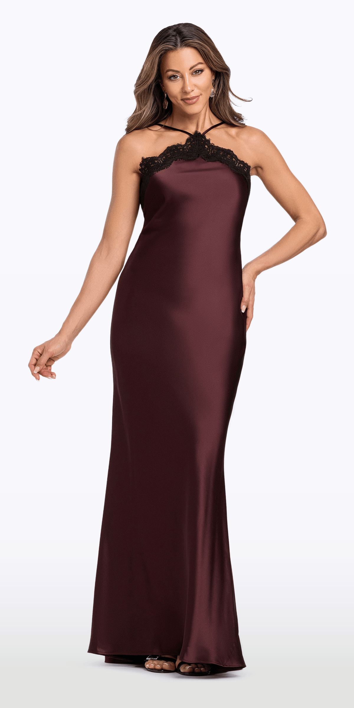 Camille La Vie Satin Halter Column Dress with Lace Detail