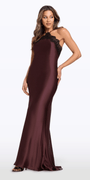 Camille La Vie Satin Halter Column Dress with Lace Detail missy / 2 / chocolate
