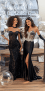 Mesh Off the Shoulder Stone Corset Trumpet Dress with 3 D Appliques - Camille La Vie