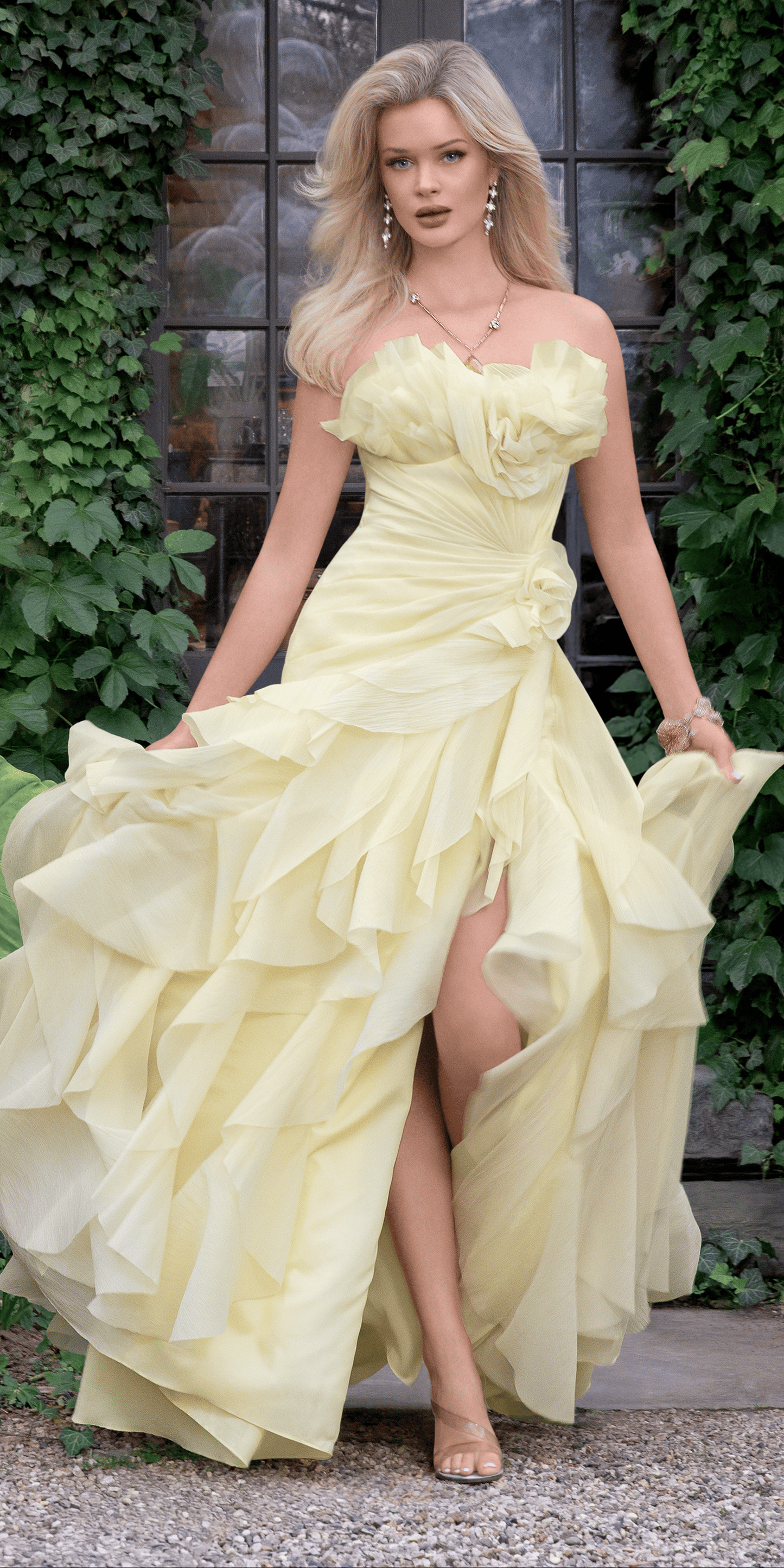 Strapless Crinkle Chiffon Pleated A Line Dress with Tendrils - Camille La Vie