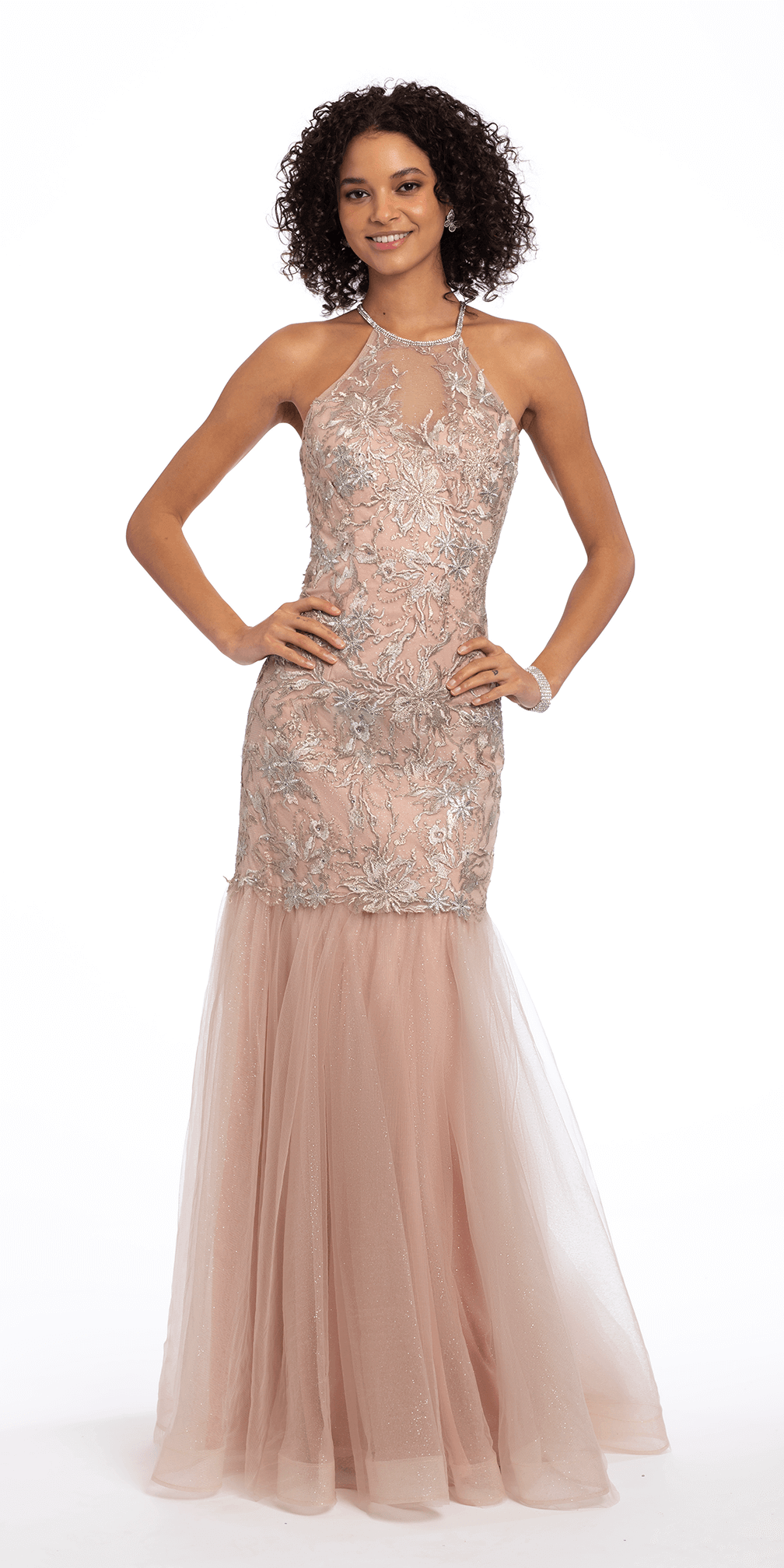 Halter Floral Embroidered Tulle Mermaid Dress - Camille La Vie