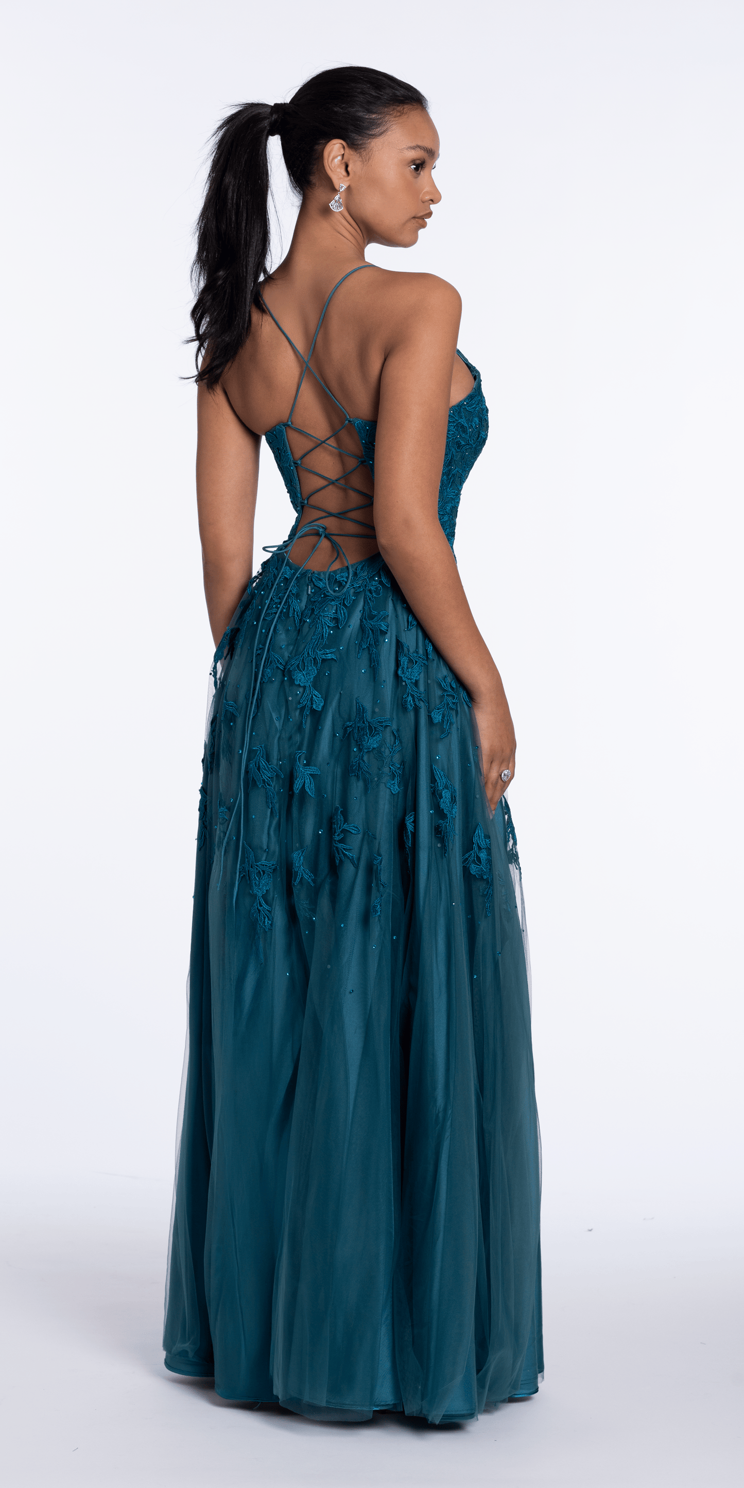 Mesh Applique Plunging Lace Up A Line Dress - Camille La Vie