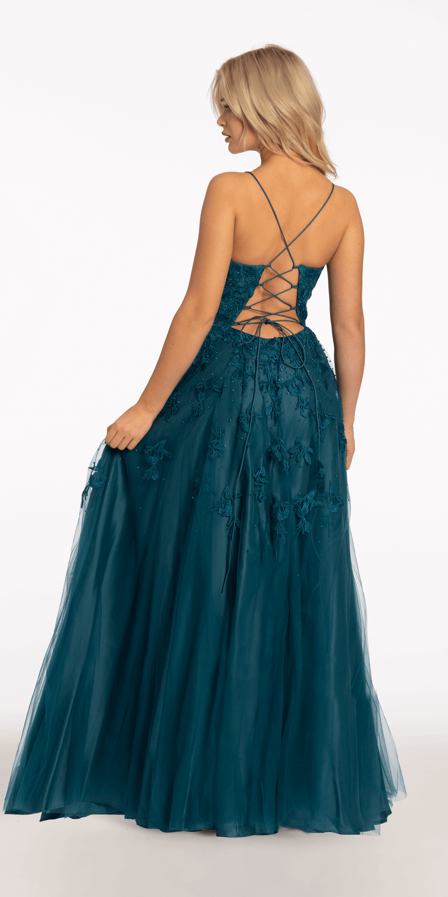 Mesh Applique Plunging Lace Up A Line Dress - Camille La Vie