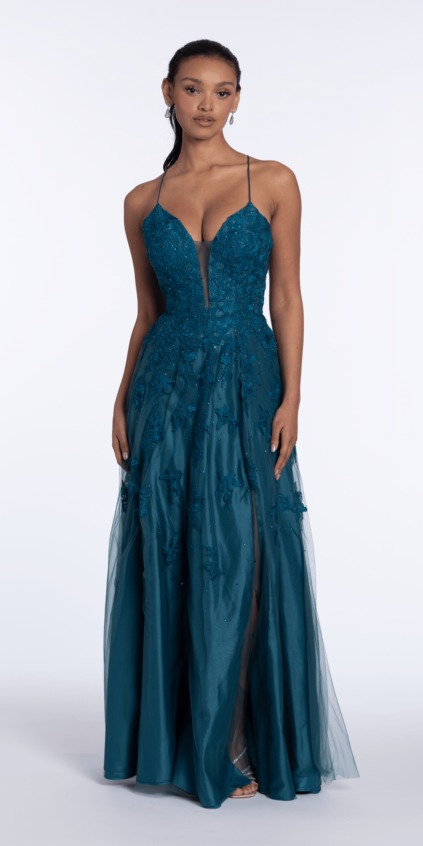Mesh Applique Plunging Lace Up A Line Dress - Camille La Vie