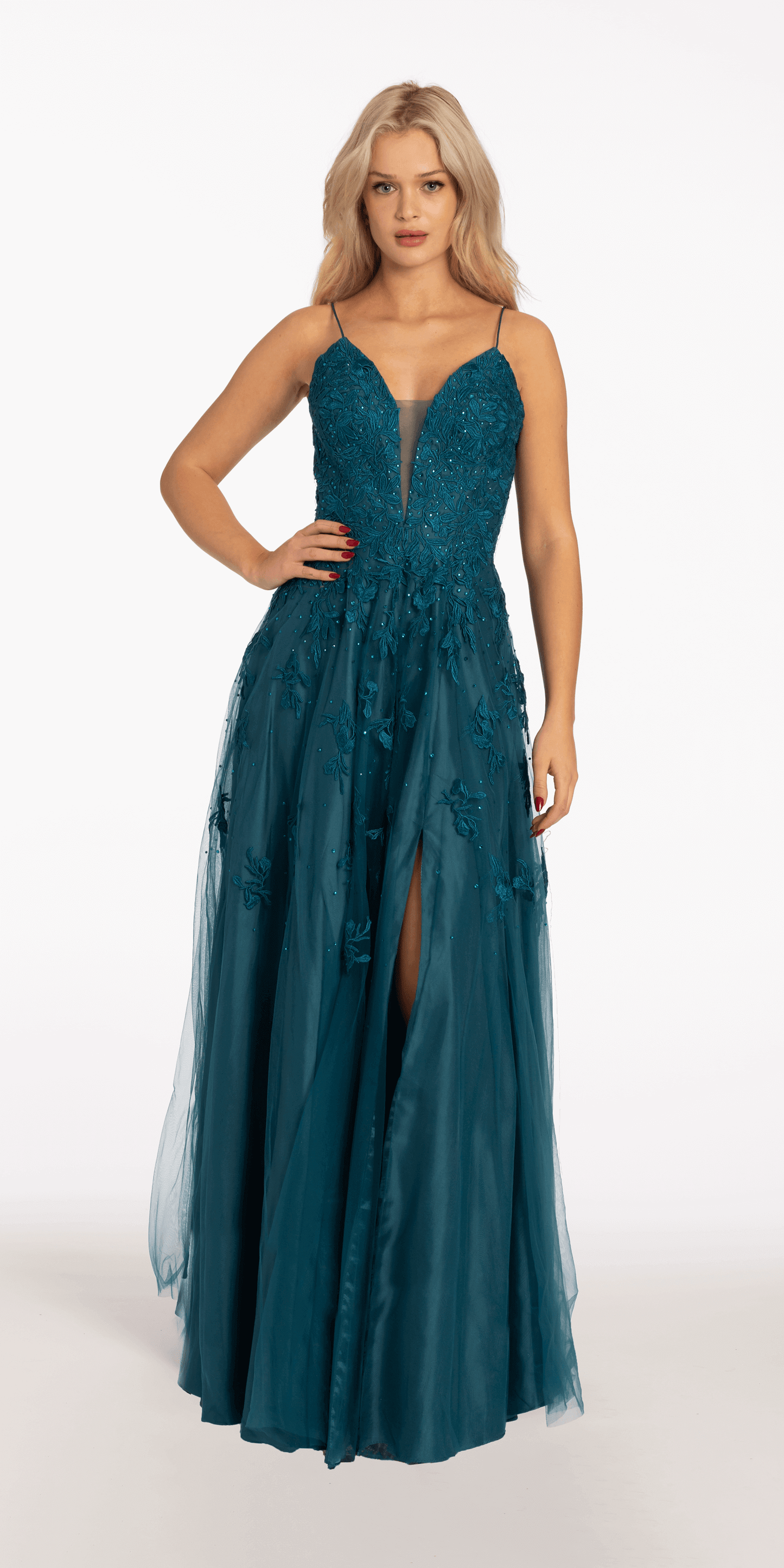Mesh Applique Plunging Lace Up A Line Dress - Camille La Vie