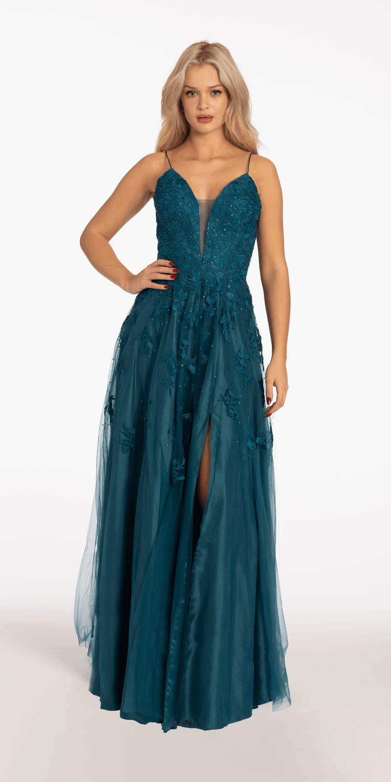 Mesh Applique Plunging Lace Up A Line Dress - Camille La Vie