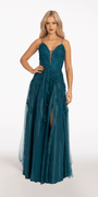 Mesh Applique Plunging Lace Up A Line Dress - Camille La Vie