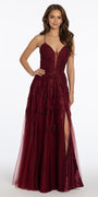 Mesh Applique Plunging Lace Up A Line Dress - Camille La Vie