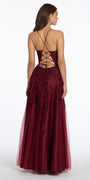 Mesh Applique Plunging Lace Up A Line Dress - Camille La Vie