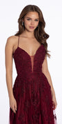 Mesh Applique Plunging Lace Up A Line Dress - Camille La Vie