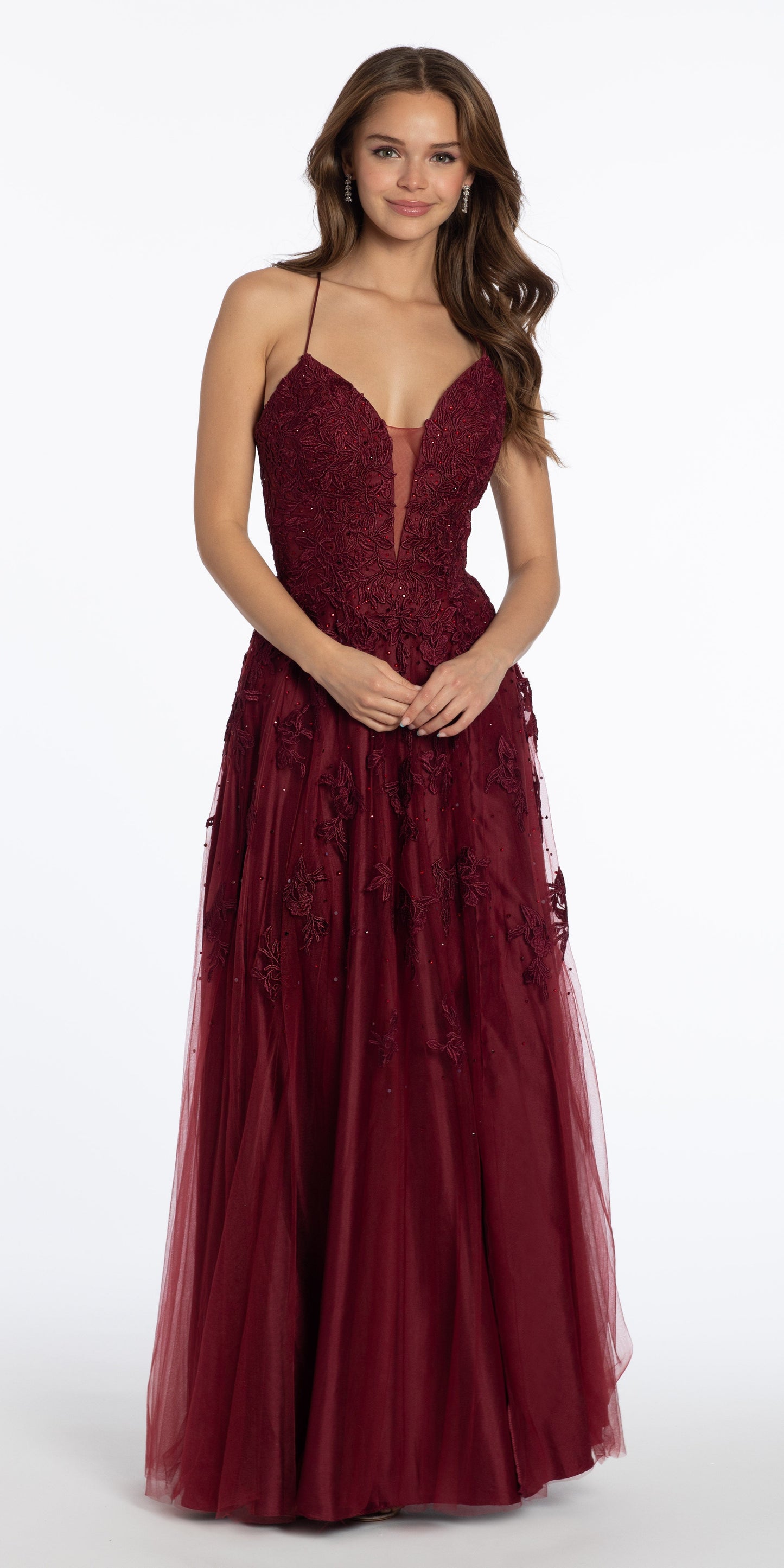 Mesh Applique Plunging Lace Up A Line Dress - Camille La Vie