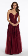 Mesh Applique Plunging Lace Up A Line Dress - Camille La Vie