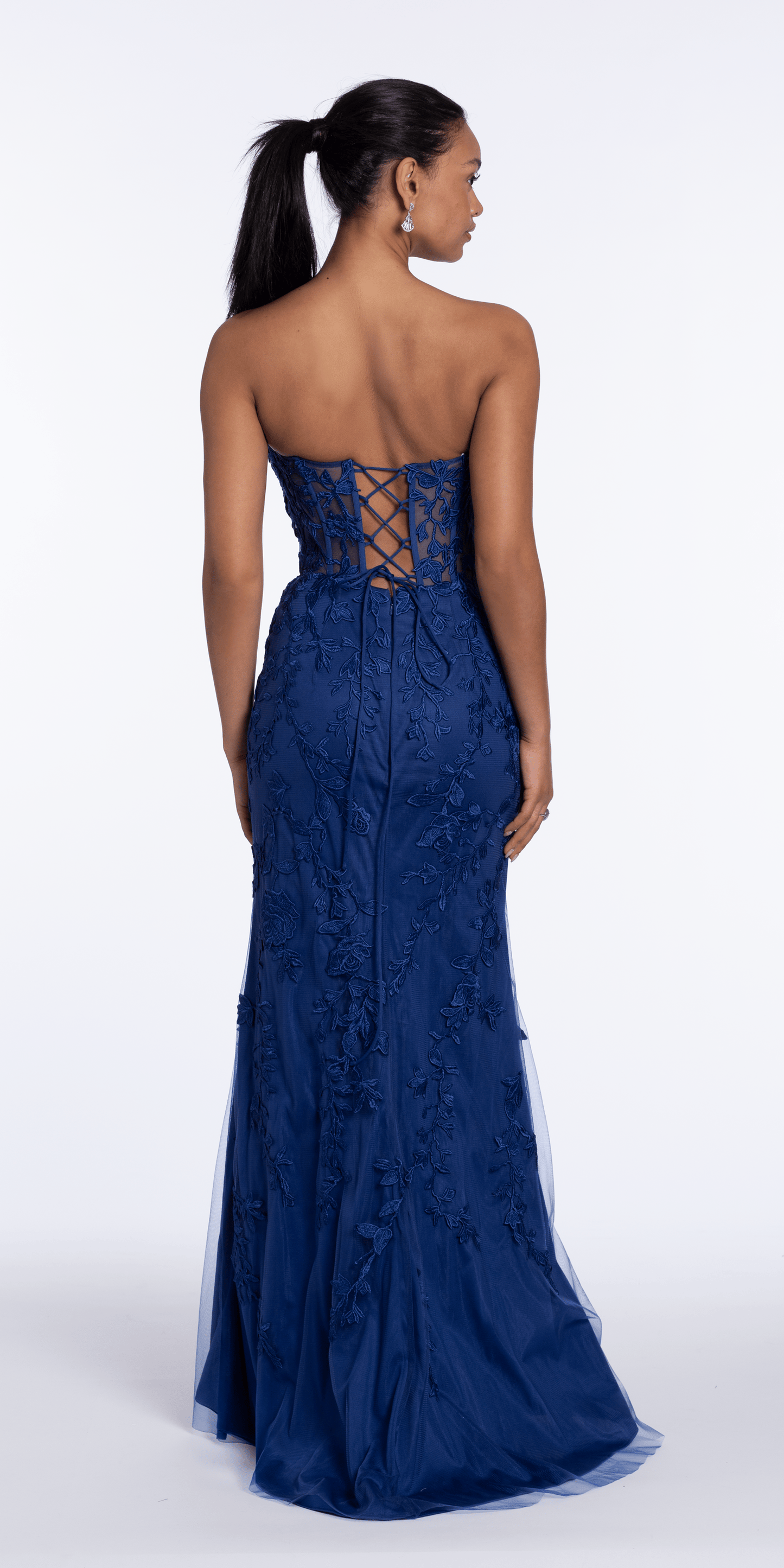 Strapless Mesh Embroidered Lace Up Back Column Dress - Camille La Vie