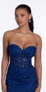 Strapless Mesh Embroidered Lace Up Back Column Dress - Camille La Vie