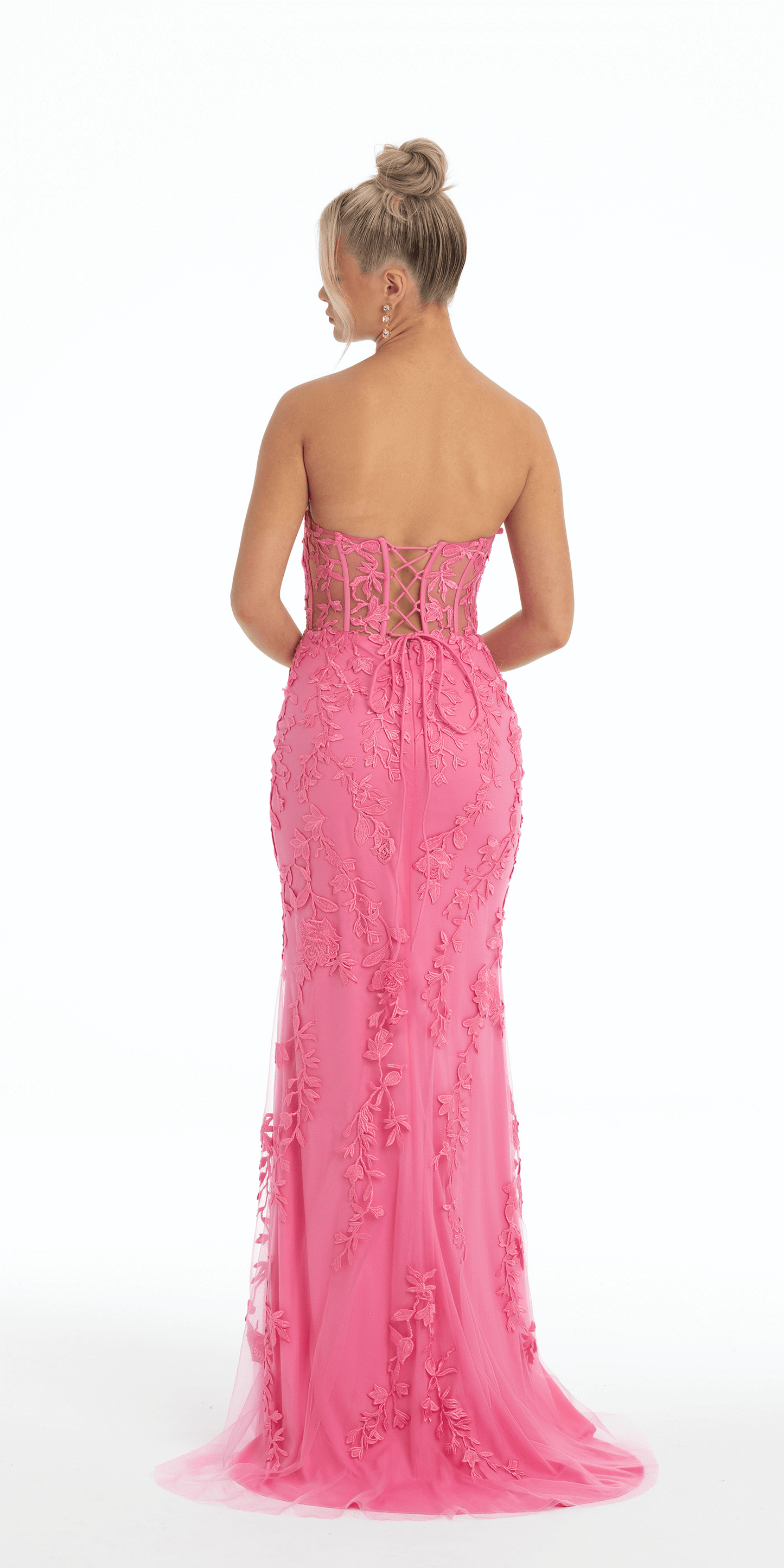Strapless Mesh Embroidered Lace Up Back Column Dress - Camille La Vie