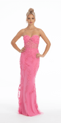Strapless Mesh Embroidered Lace Up Back Column Dress - Camille La Vie