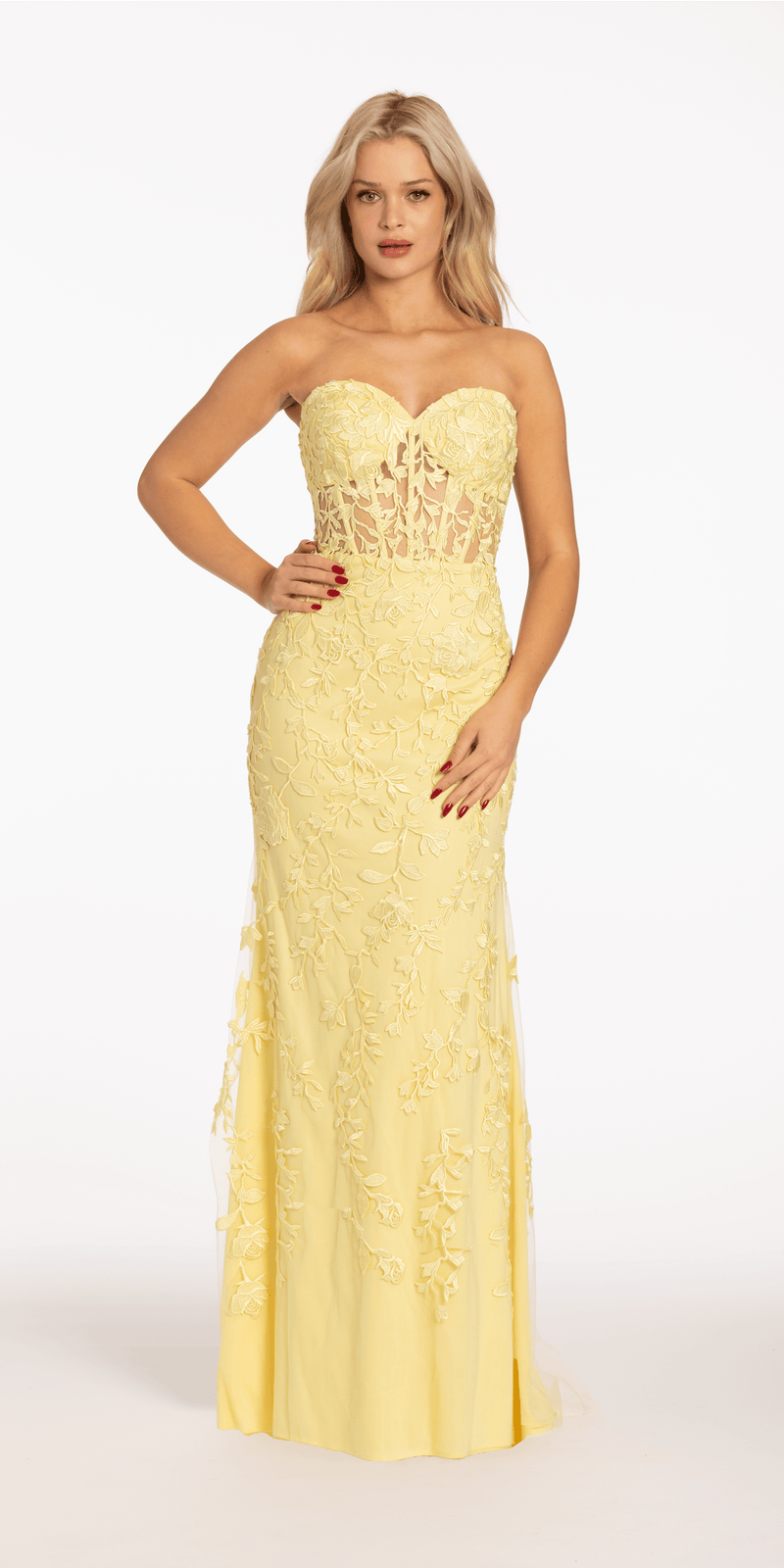Strapless Mesh Embroidered Lace Up Back Column Dress - Camille La Vie