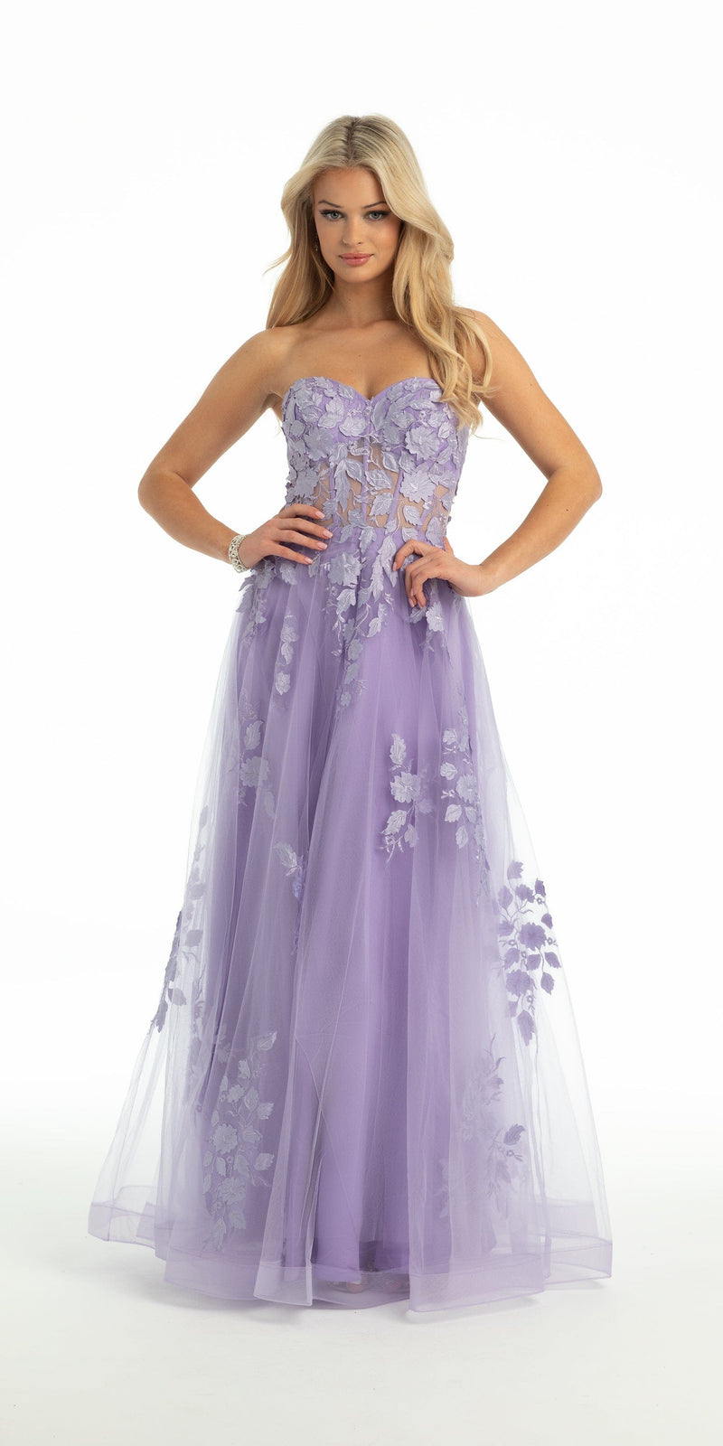 Floral Mesh Applique Corset A Line Dress - Camille La Vie
