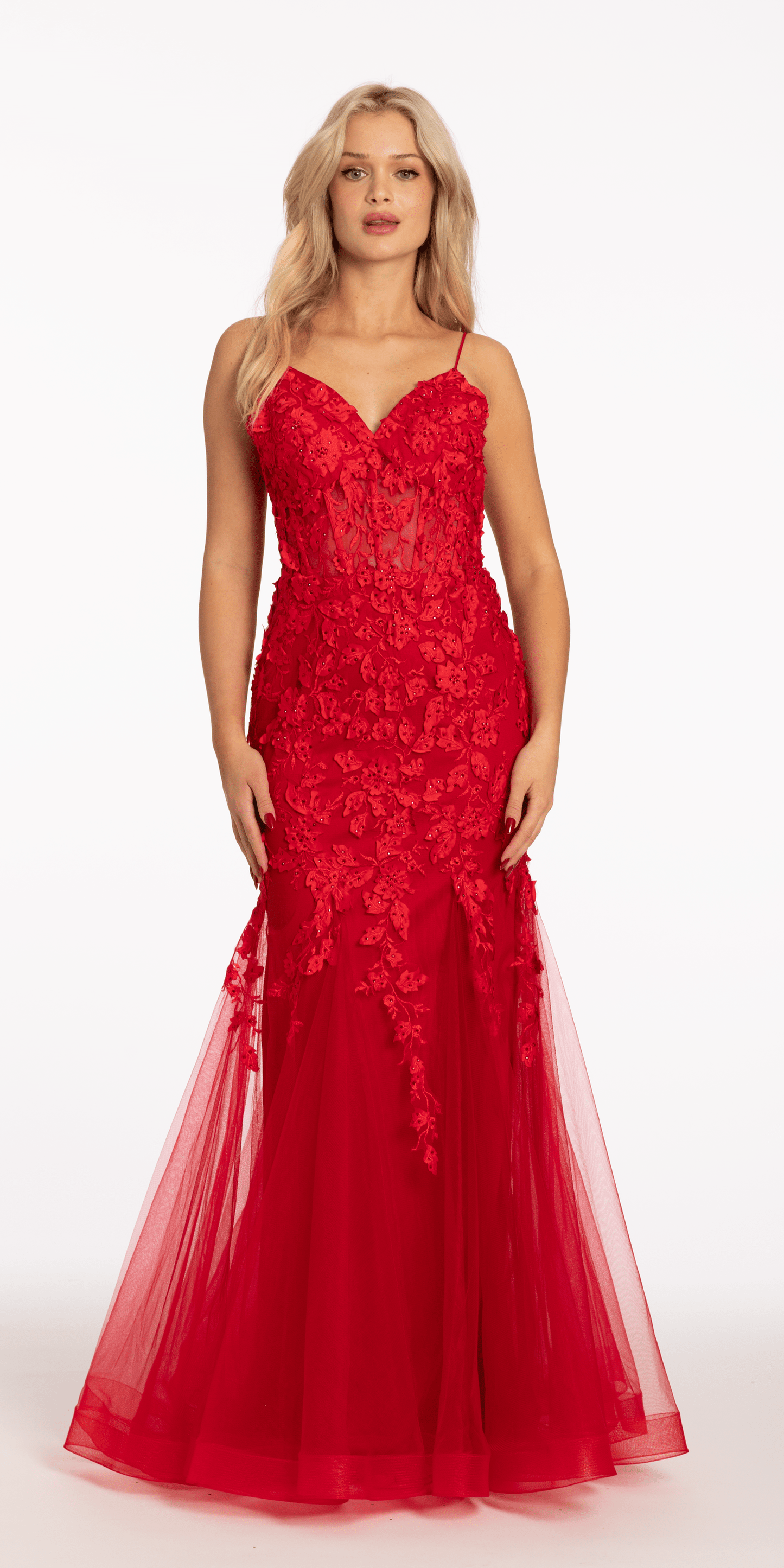 Beaded Embroidered Mesh Lace Trumpet Dress with Godets - Camille La Vie