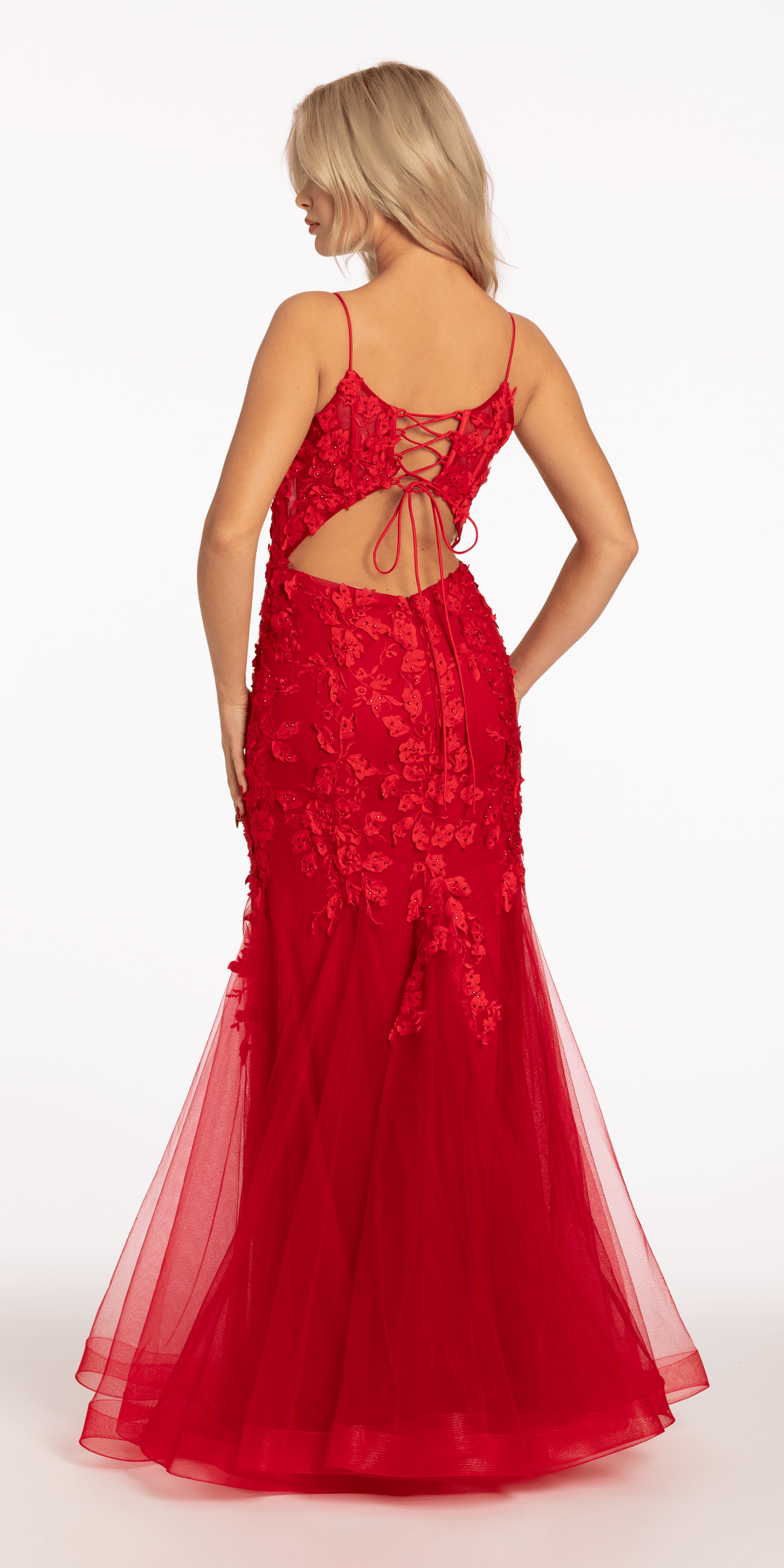 Beaded Embroidered Mesh Lace Trumpet Dress with Godets - Camille La Vie