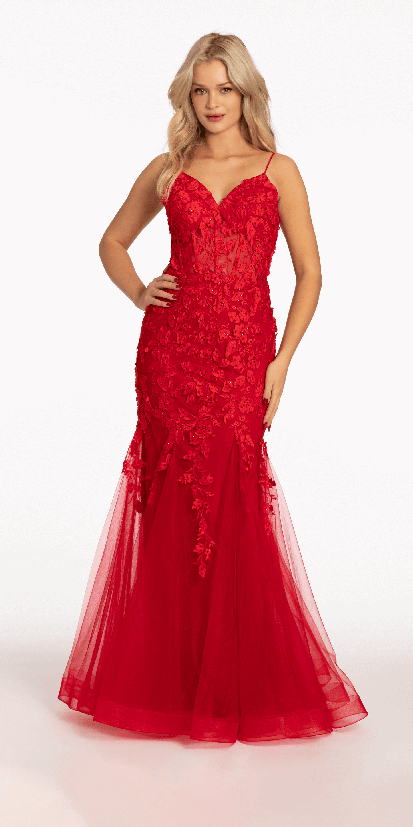 Beaded Embroidered Mesh Lace Trumpet Dress with Godets - Camille La Vie