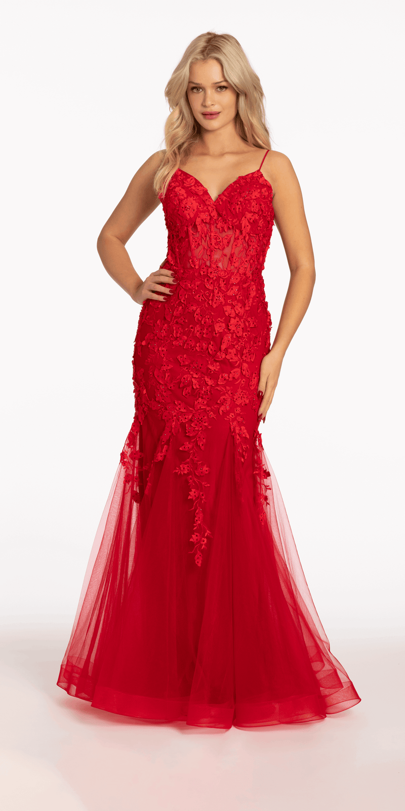 Beaded Embroidered Mesh Lace Trumpet Dress with Godets - Camille La Vie