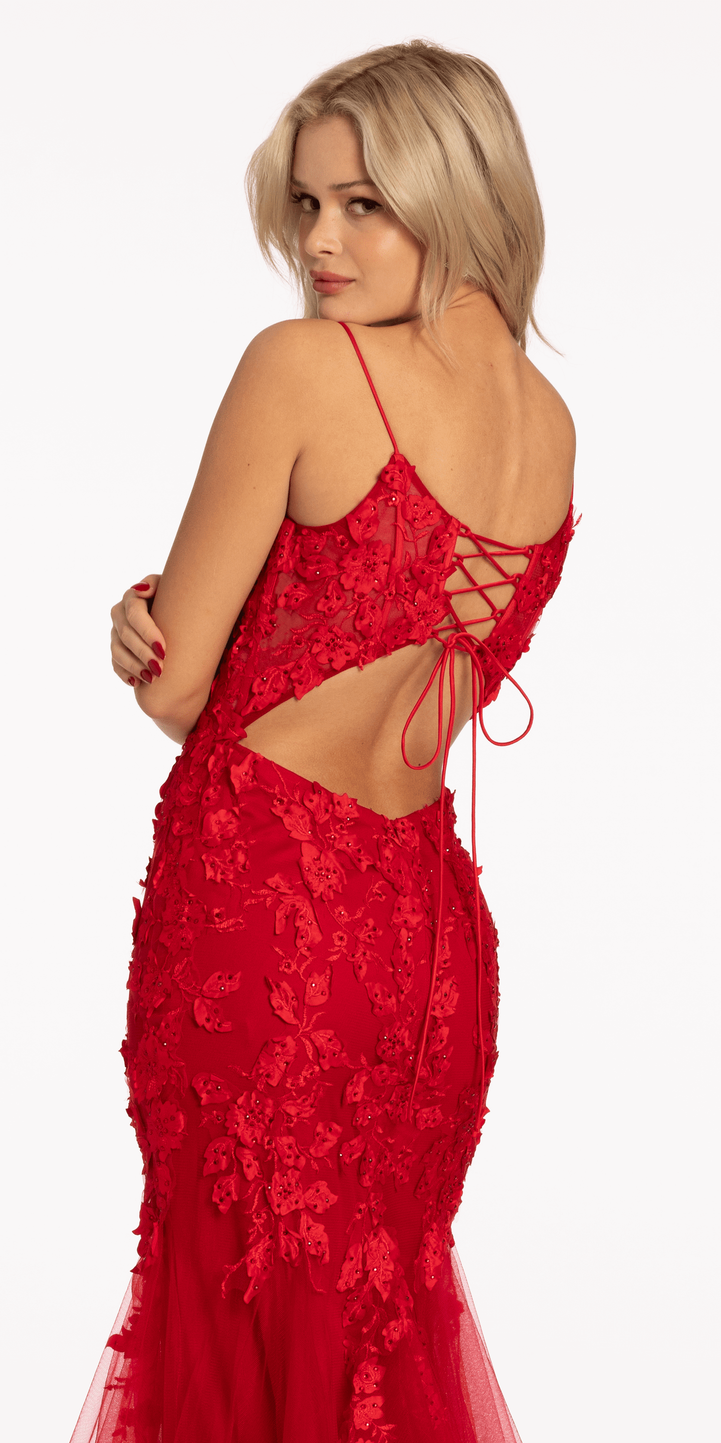 Beaded Embroidered Mesh Lace Trumpet Dress with Godets - Camille La Vie