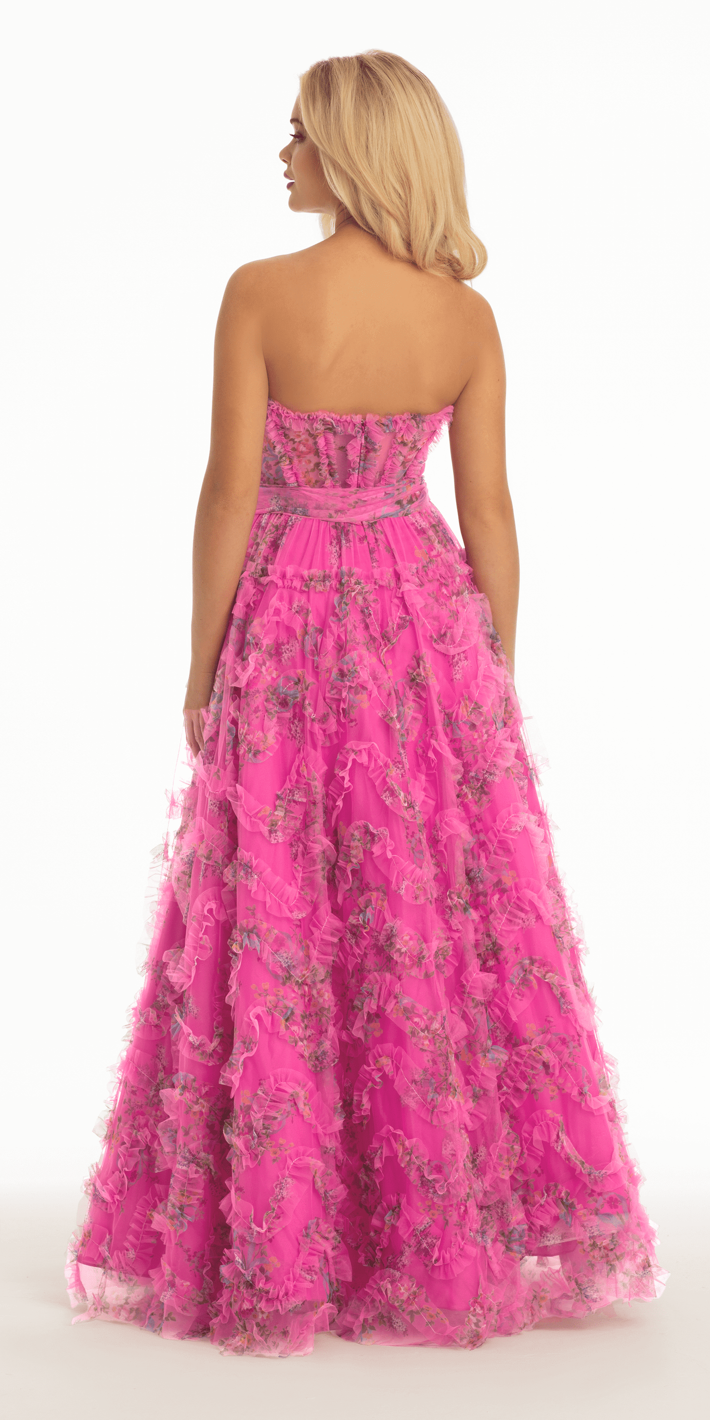 Floral Tulle Corset Ballgown with Waist Tie - Camille La Vie