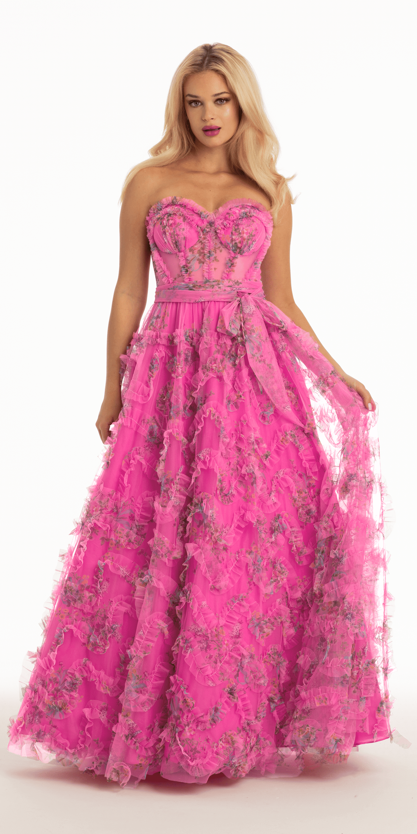 Floral Tulle Corset Ballgown with Waist Tie - Camille La Vie