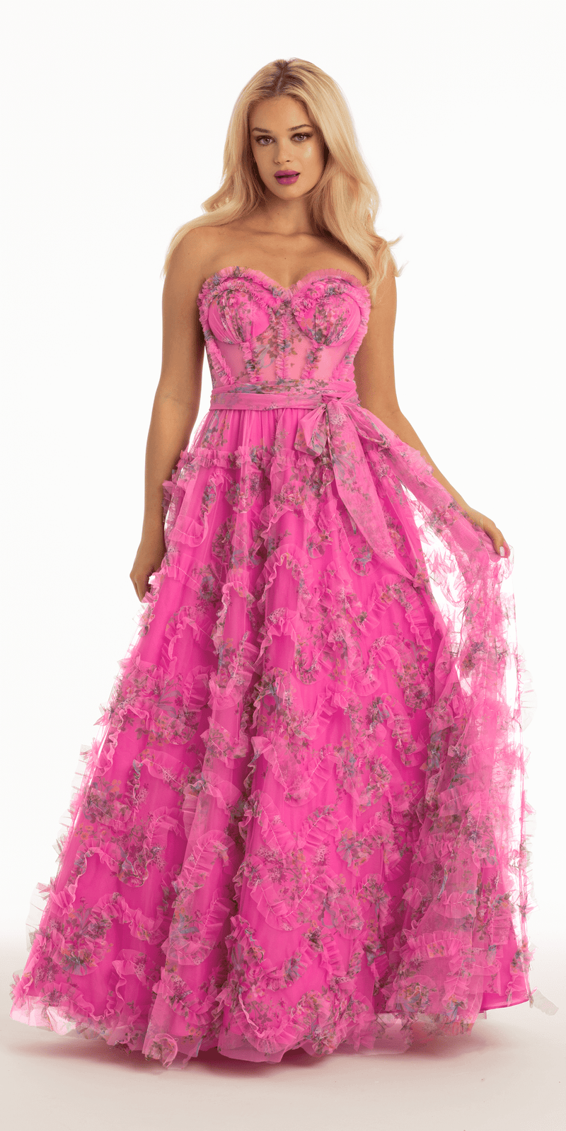 Floral Tulle Corset Ballgown with Waist Tie - Camille La Vie
