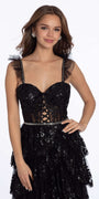 Glitter Mesh Corset Tiered Ballgown with Sequin and Ruffle Detail - Camille La Vie