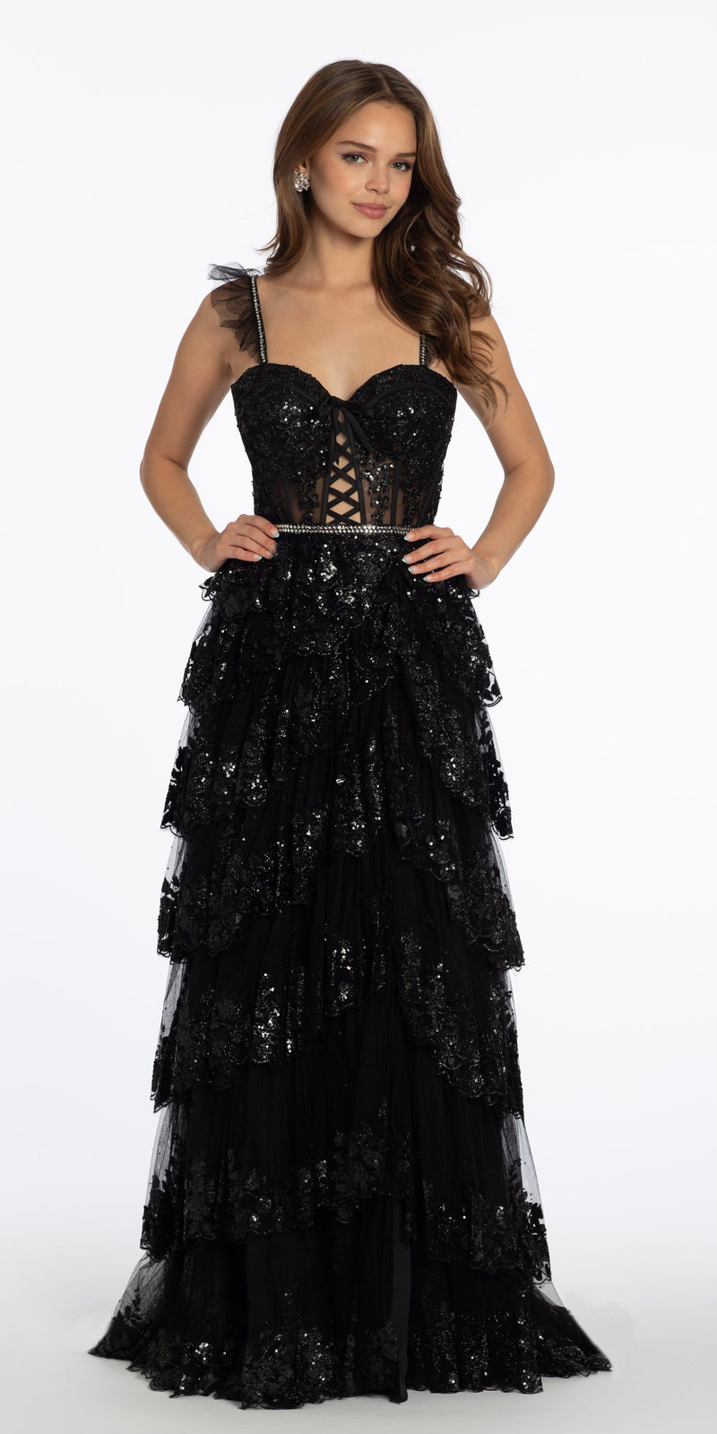 Glitter Mesh Corset Tiered Ballgown with Sequin and Ruffle Detail - Camille La Vie
