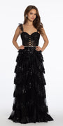Glitter Mesh Corset Tiered Ballgown with Sequin and Ruffle Detail - Camille La Vie