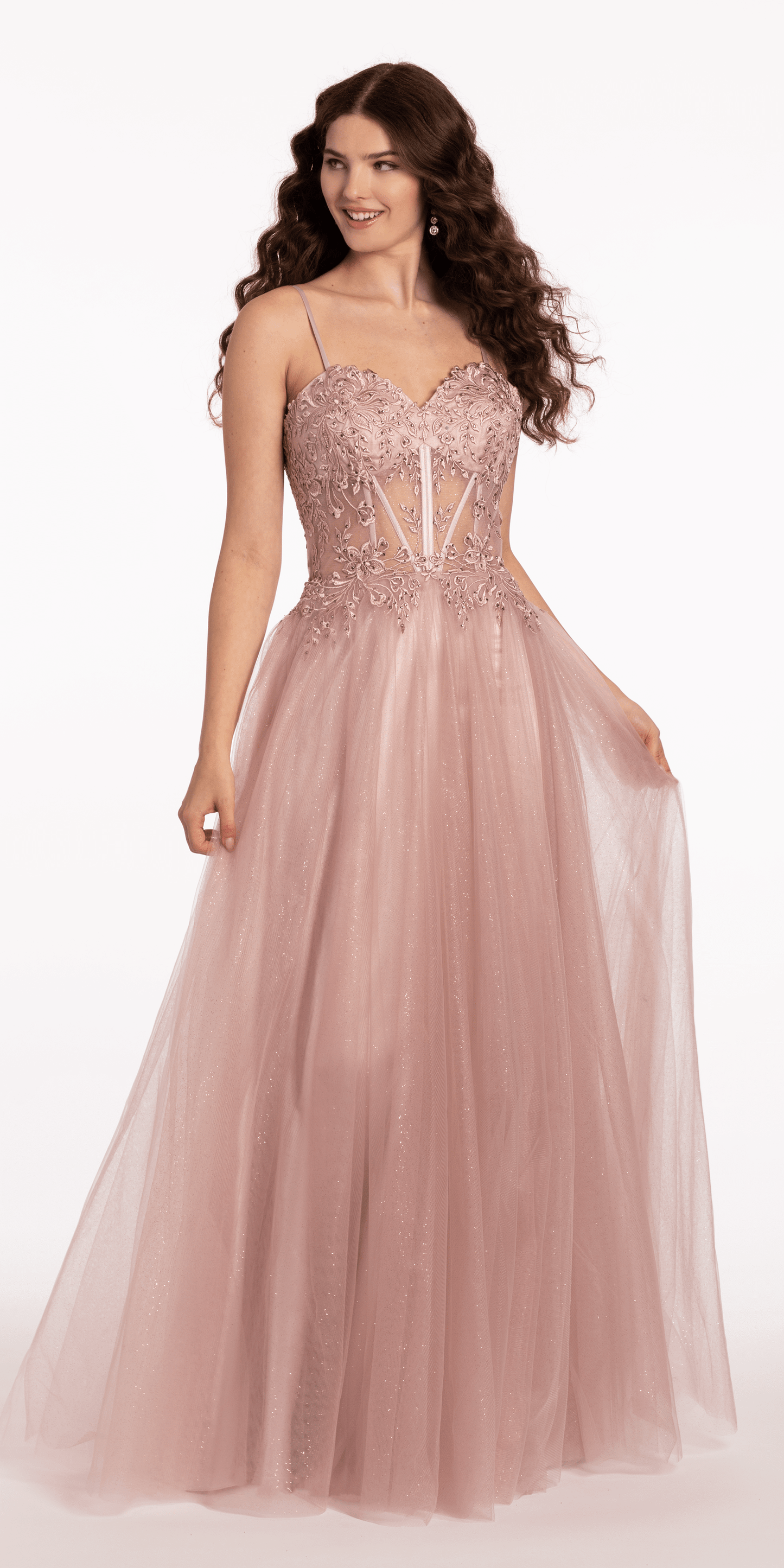 Glitter Tulle Lace Up Back Embroidered A Line Dress - Camille La Vie