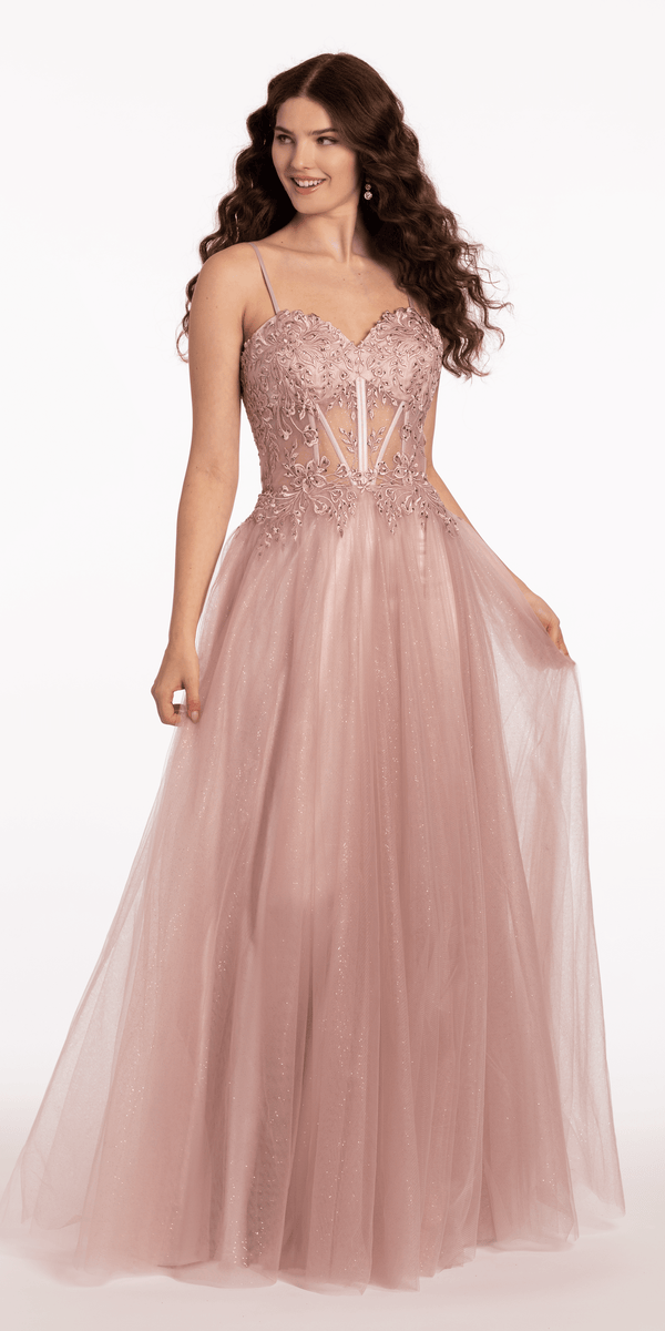 Glitter Tulle Lace Up Back Embroidered A Line Dress - Camille La Vie