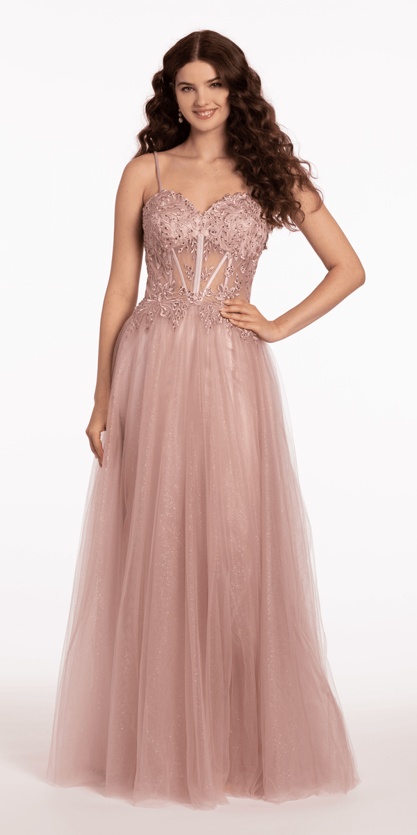 Glitter Tulle Lace Up Back Embroidered A Line Dress - Camille La Vie