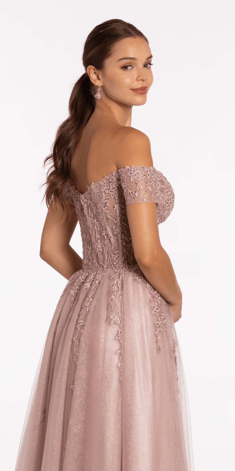 Off the Shoulder Embroidered Tulle Ballgown - Camille La Vie
