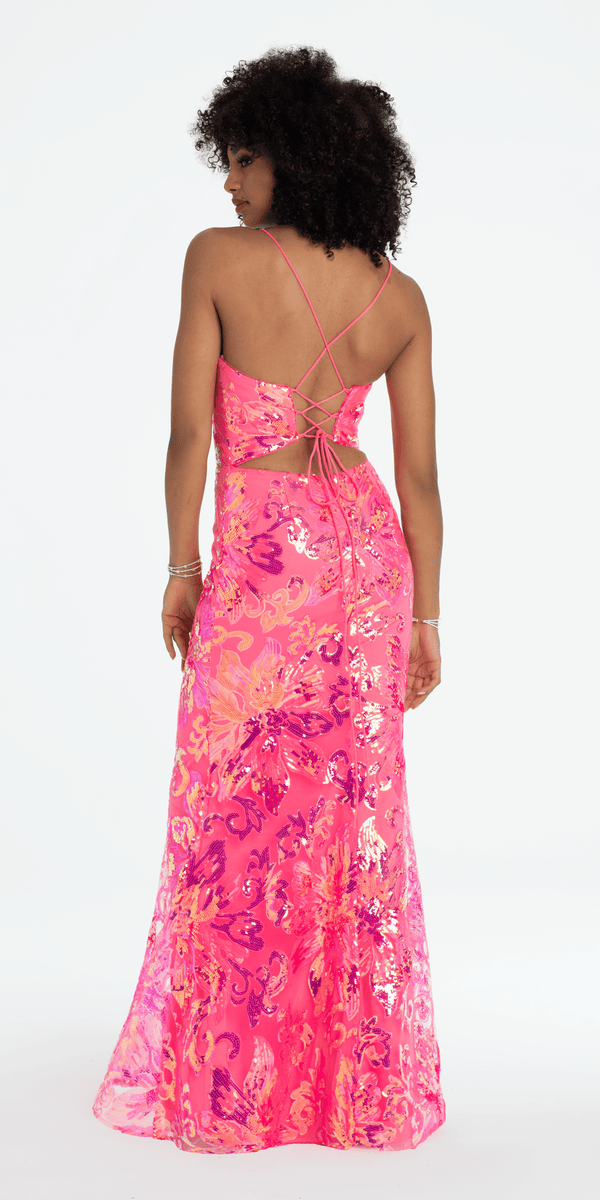 Strappy Lace Up Back Trumpet Dress with Sequin Floral Motif - Camille La Vie