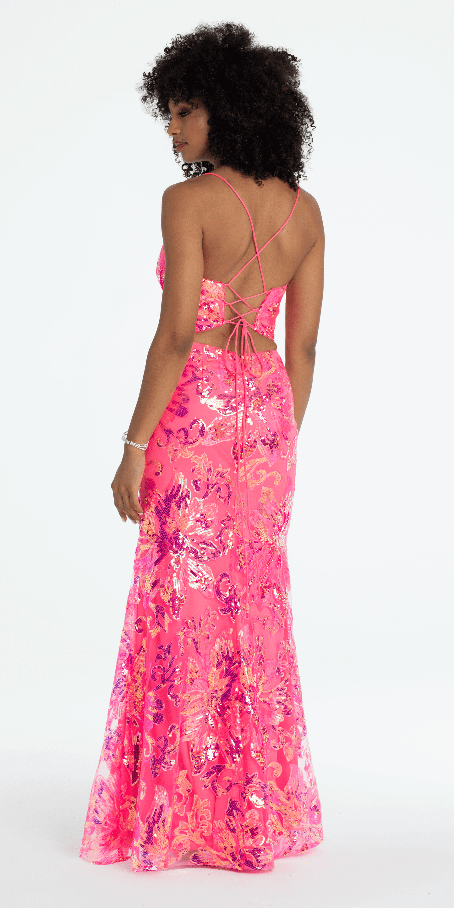 Strappy Lace Up Back Trumpet Dress with Sequin Floral Motif - Camille La Vie