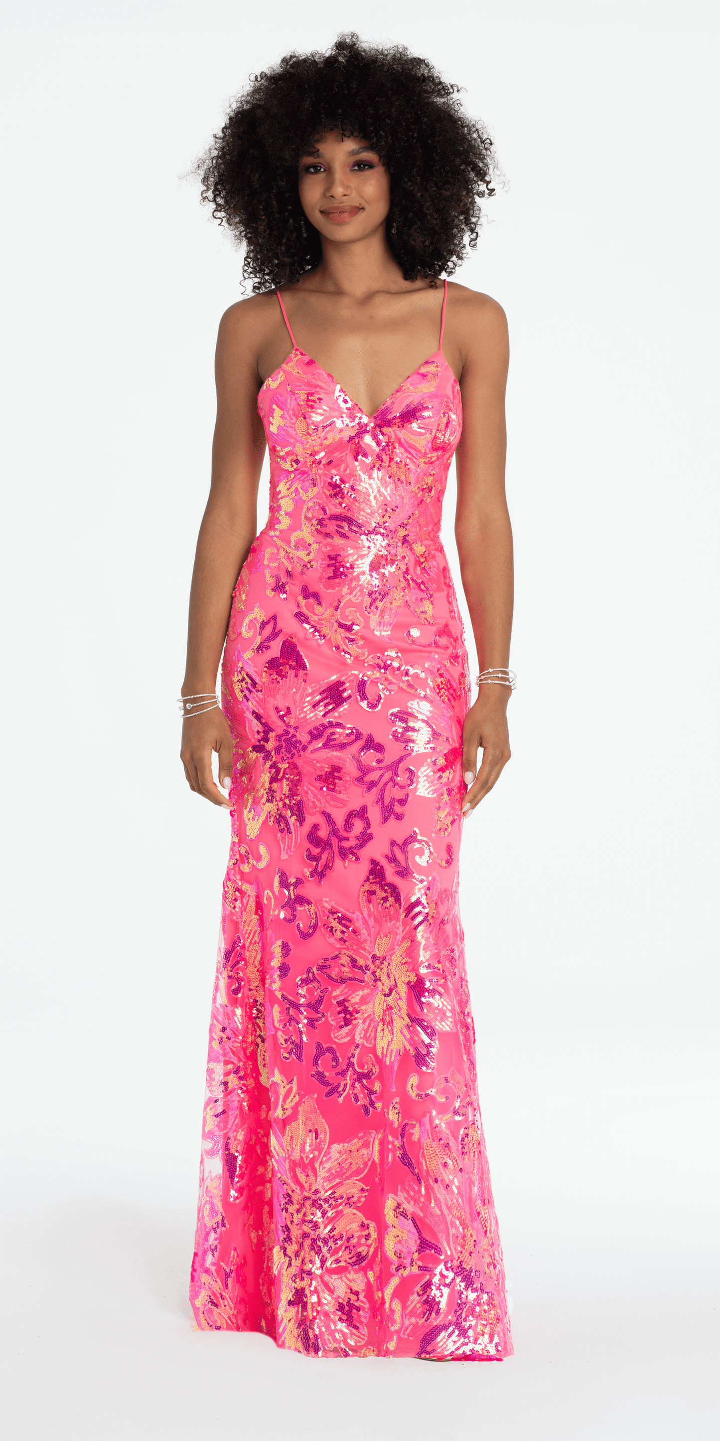 Strappy Lace Up Back Trumpet Dress with Sequin Floral Motif - Camille La Vie