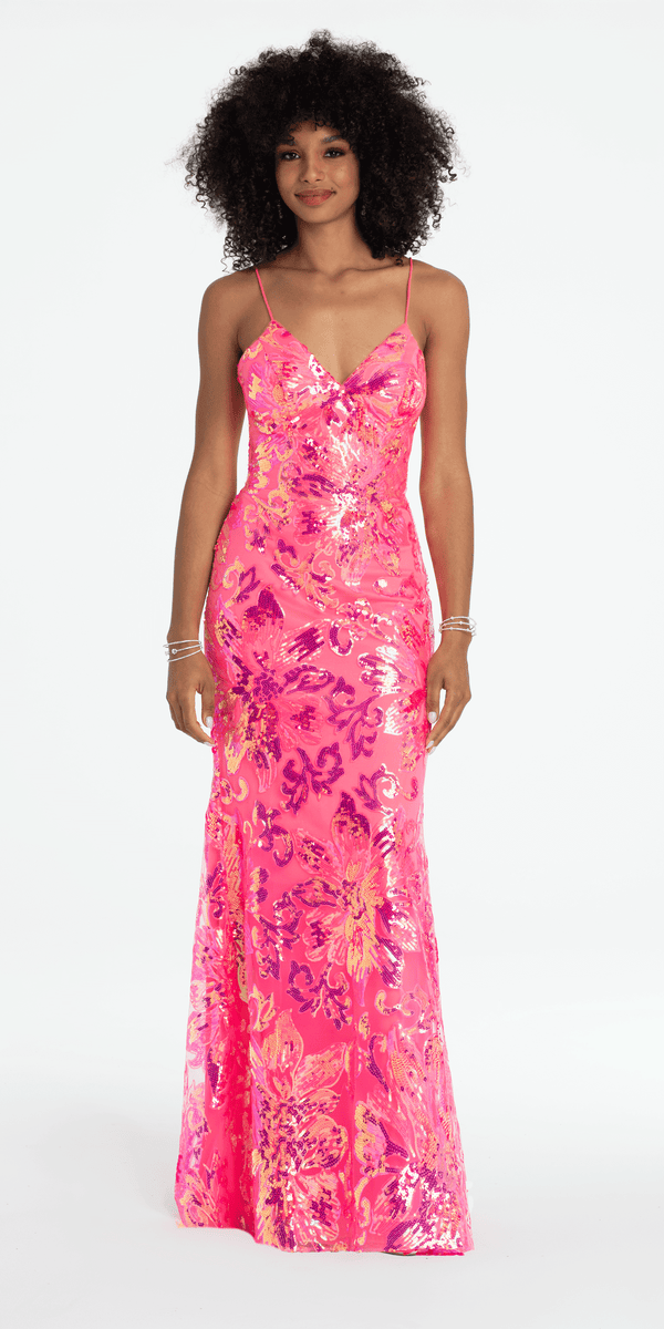 Strappy Lace Up Back Trumpet Dress with Sequin Floral Motif - Camille La Vie